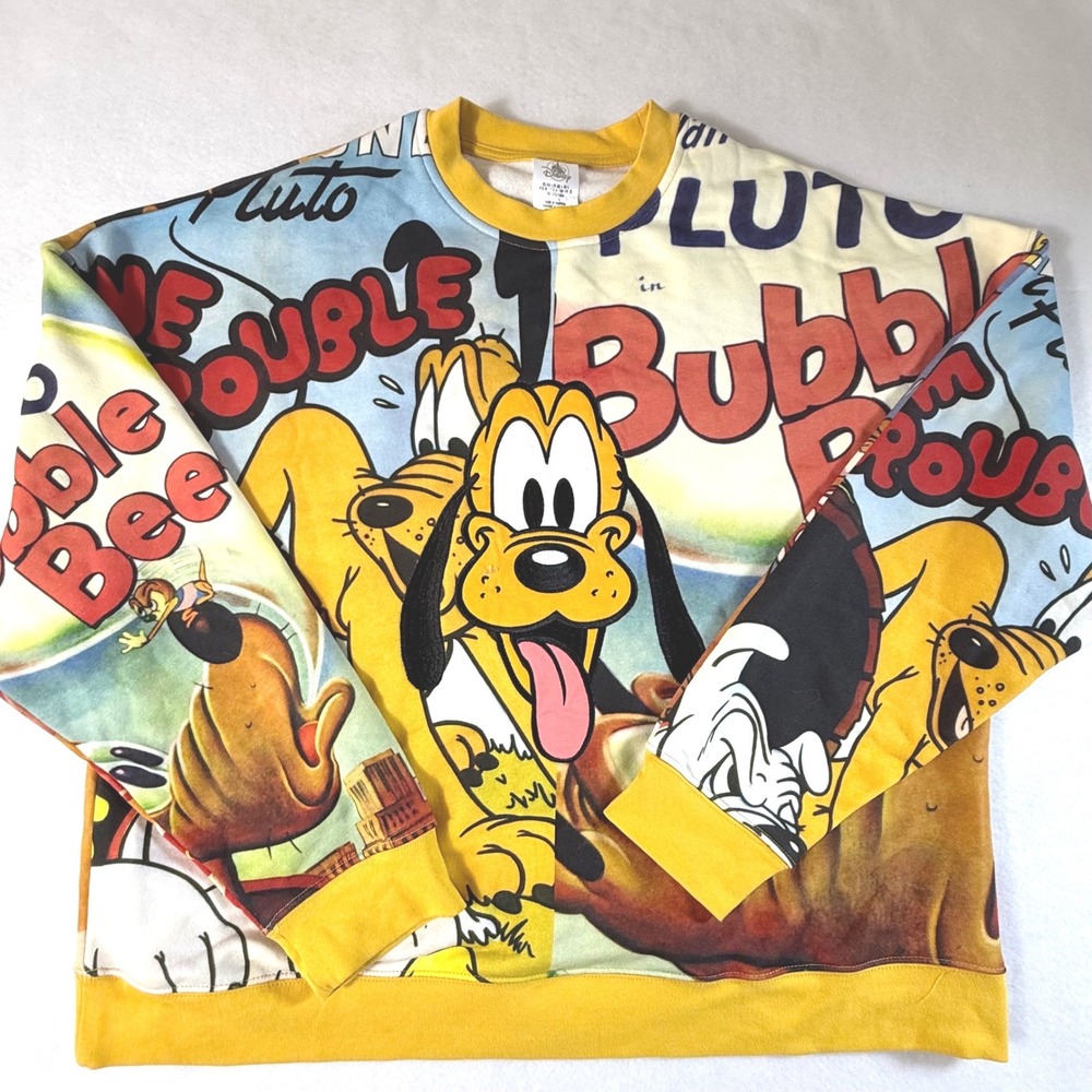 Disney Pluto Sweatshirt Mens Large All Over Print Comic Graphic Yellow AOP